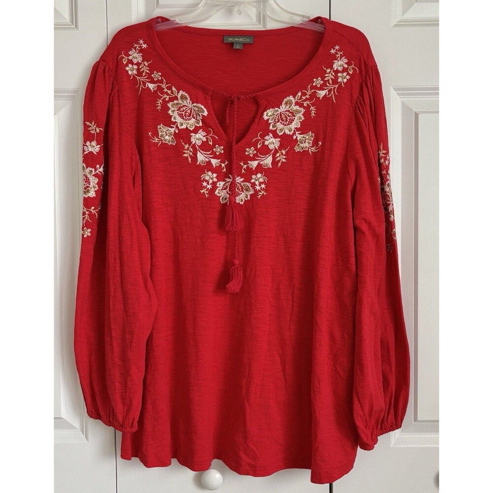 Style & Co. Women s Red Embroidered Long Sleeve Pullon Tassel Tie Blouse Boho